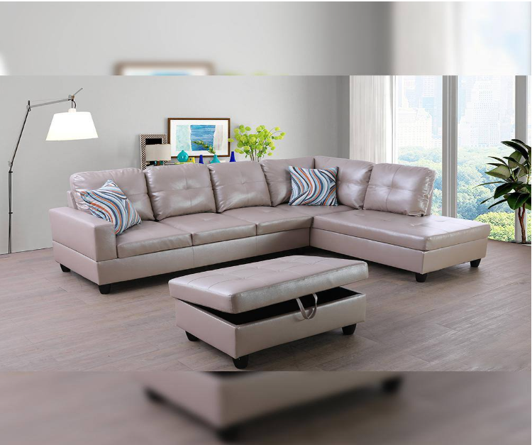 74.5in. W Square Arm 3-Piece Faux Leather L Shaped Sectional Sofa in Silver with Ottoman