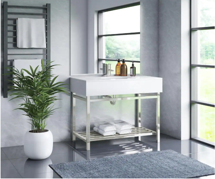 36 in. W x 20 in. D x 34 in. H Bath Vanity in Silver with Stone Vanity Top in White with White Basin