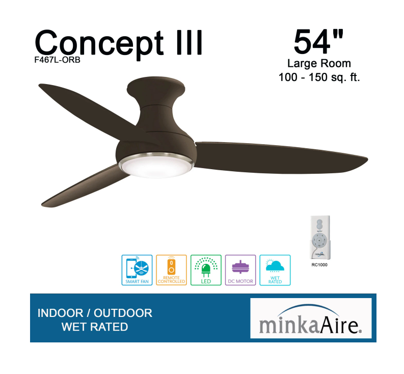 MinkaAire Concept III 54" 3 Blade Flush Mount Indoor / Outdoor Smart LED Ceiling Fan with Remote Control Included
