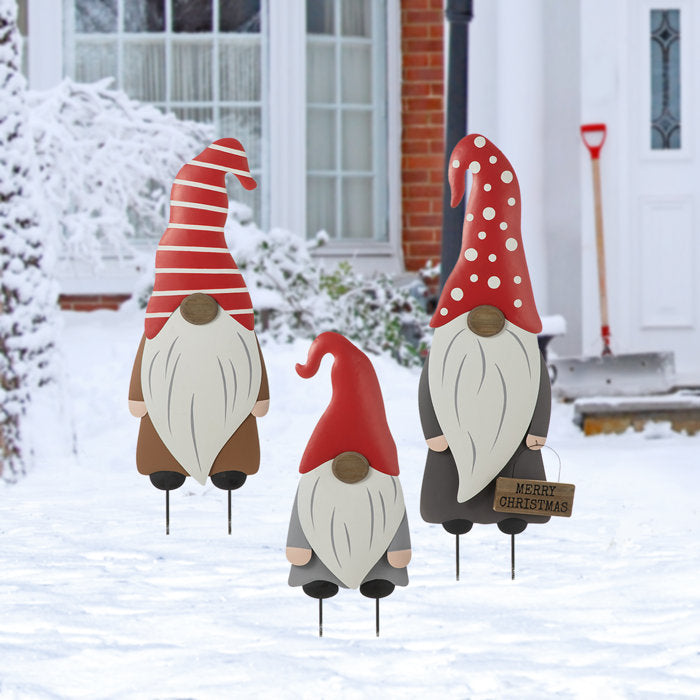 3 Piece Metal Christmas Gnome Yard Stake or Standing Decor or Wall Decor Set