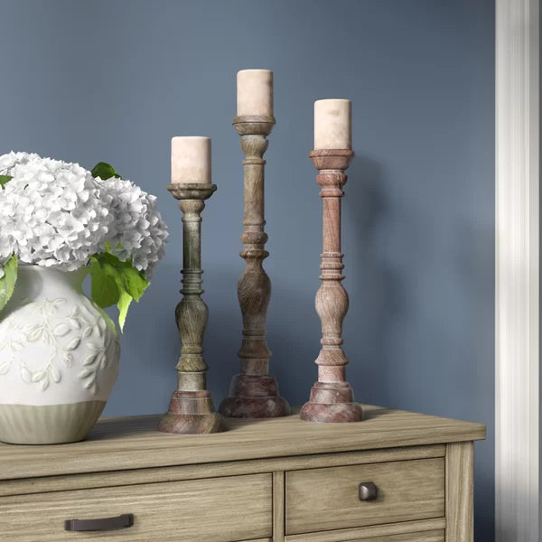 3 Piece Tall Wood Tabletop Candlestick Set