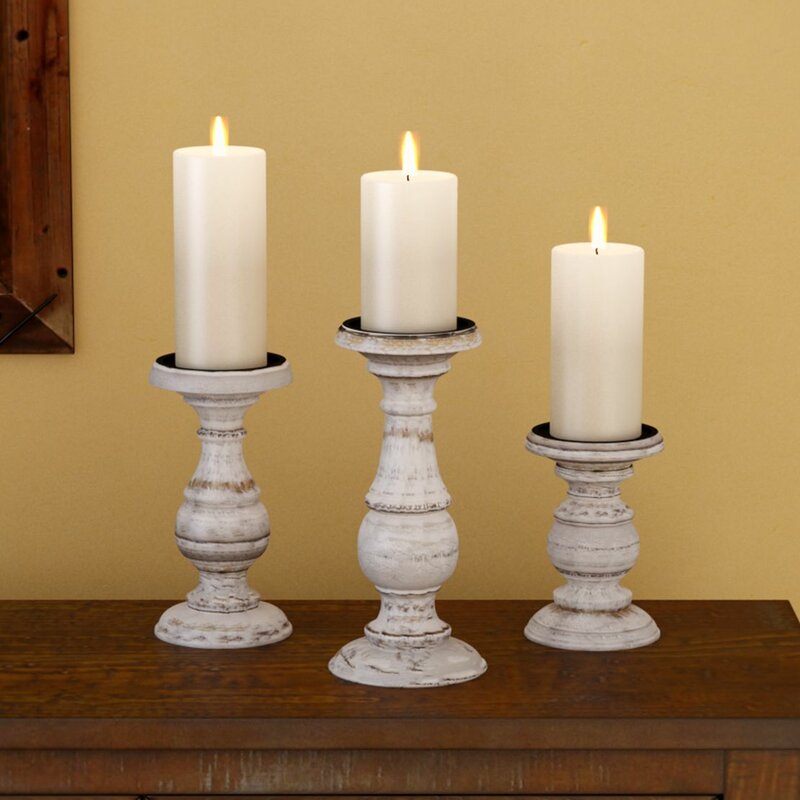 3 Piece Wood Tabletop Candlestick Set