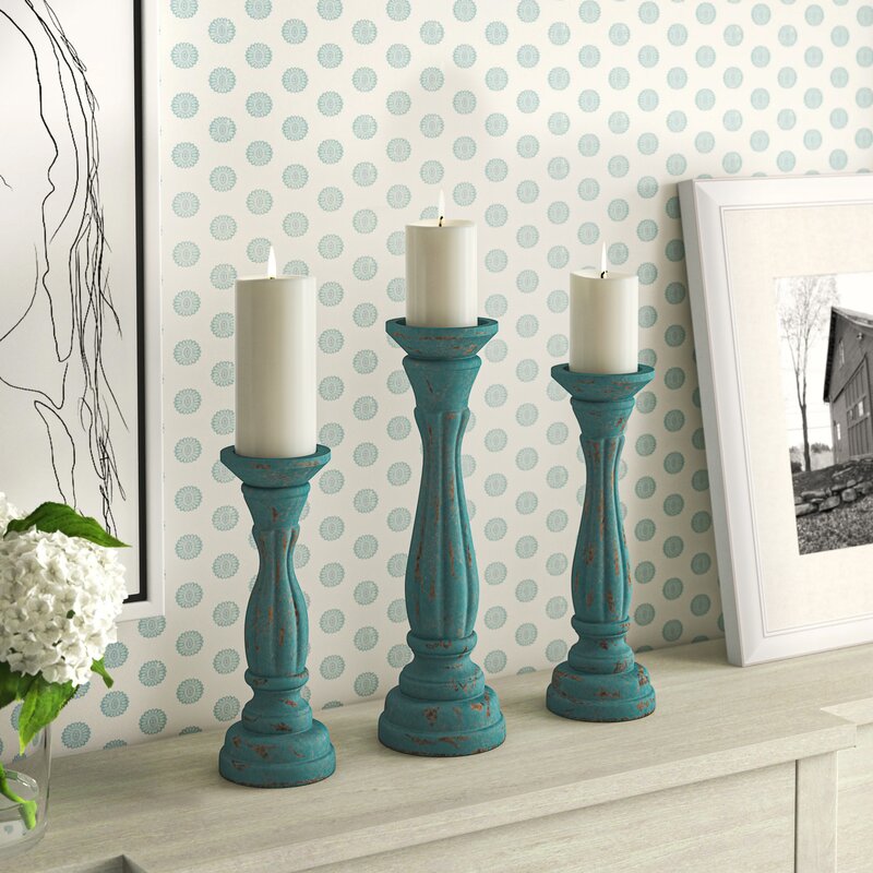 Blue 3 Piece Wood Tabletop Candlestick Set