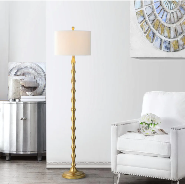 Aurelia 63.5 in. Antique Gold Curved Floor Lamp with Off-White Shade