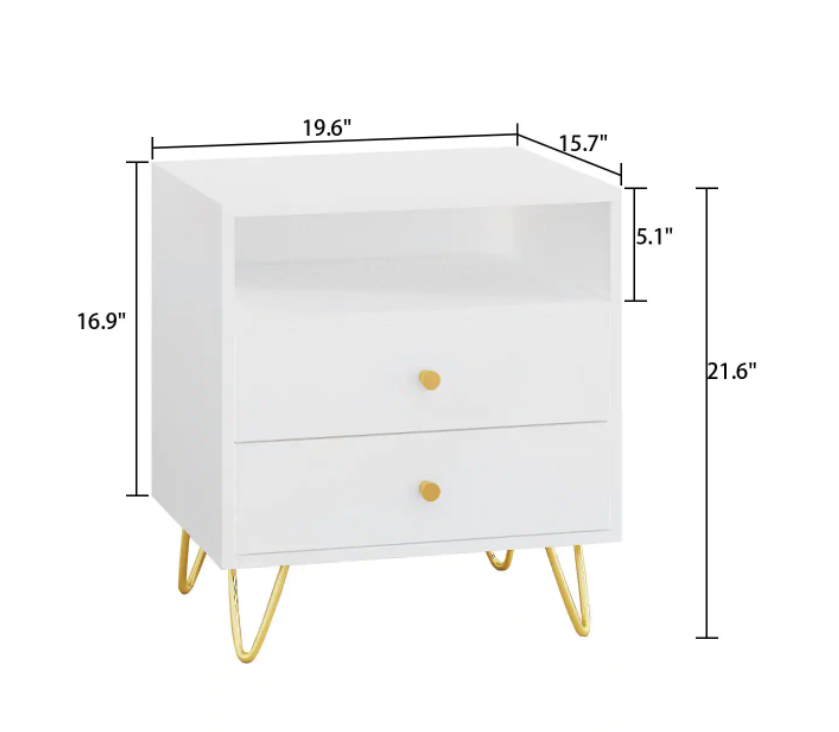 2-Drawer White Nightstands With Metal Legs and Open Shelf *AS-IS*
