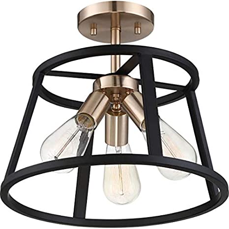 3 Light Semi-Flush Mount Fixture, Copper Brushed Brass Finish with Matte Black Frame