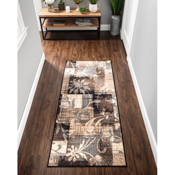 Superior Floral Patchwork Contemporary Chocolate Runner Rug, 2' 7" x 8'