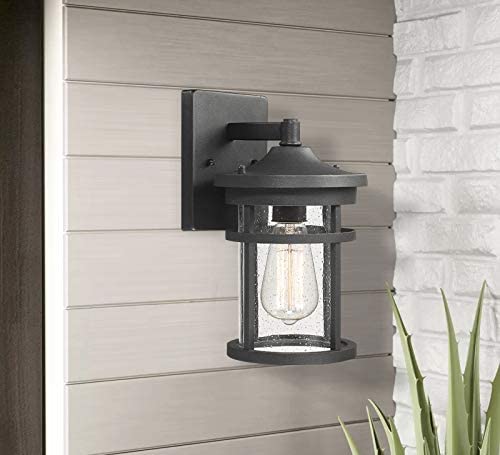 Bestshared Outdoor Wall Mount Light Fixture, 1-Light Wall Sconce Mounted Light, Exterior Wall Lantern with Seeded Glass Shade (Black)