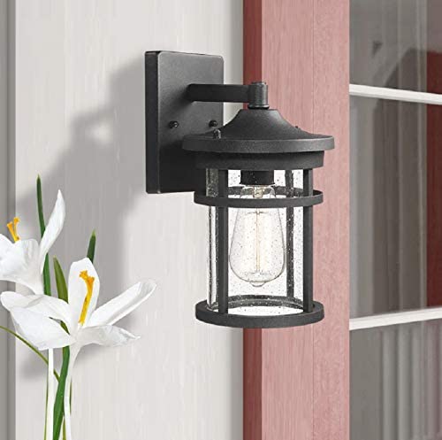Bestshared Outdoor Wall Mount Light Fixture, 1-Light Wall Sconce Mounted Light, Exterior Wall Lantern with Seeded Glass Shade (Black)