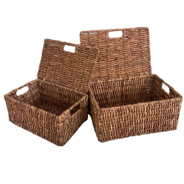 Woven Grass Rectangular Lidded Storage Baskets (Set of 2)