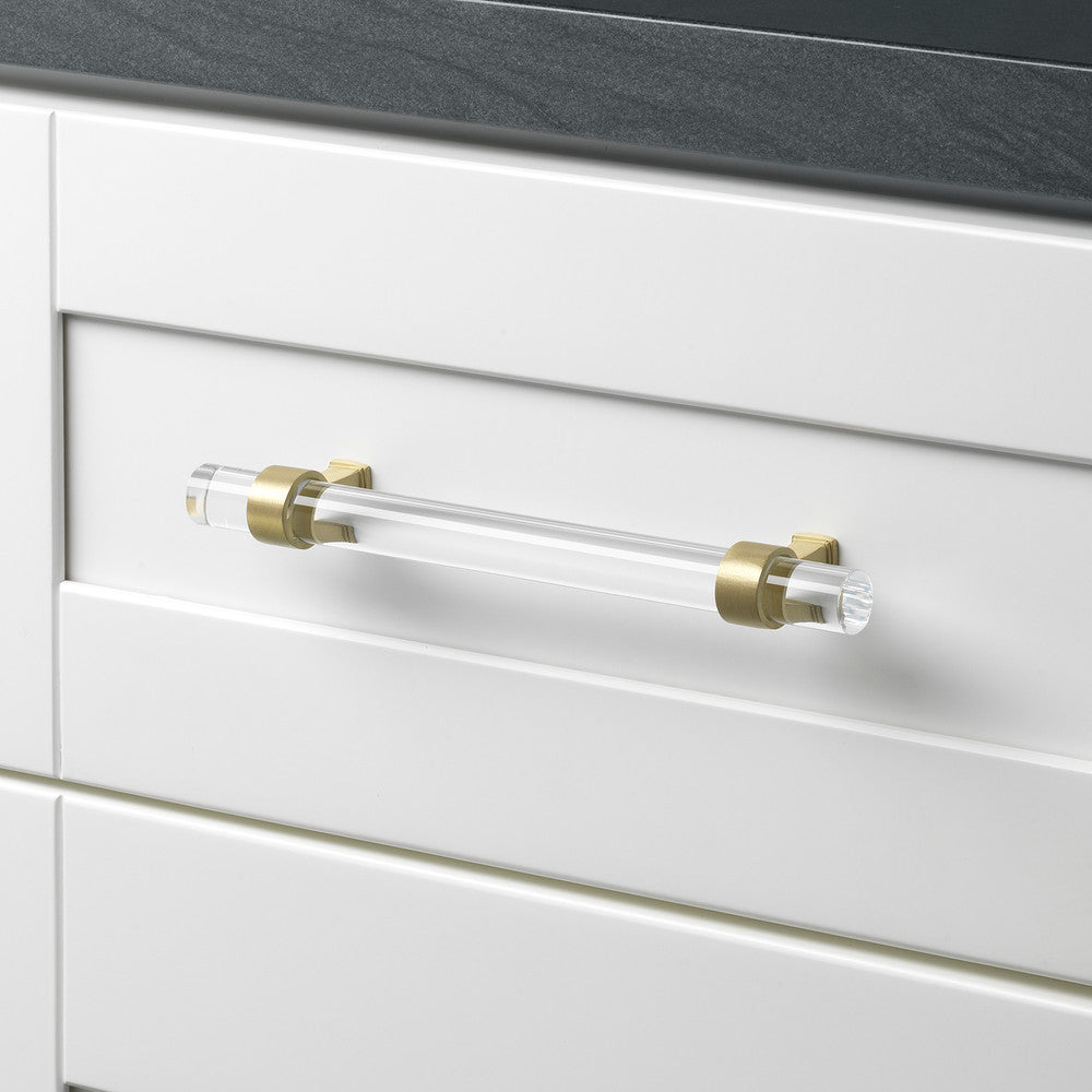 5 Inch Center to Center Clear Acrylic Pull Cabinet Handle with Satin Gold Bases, (Set of 3)