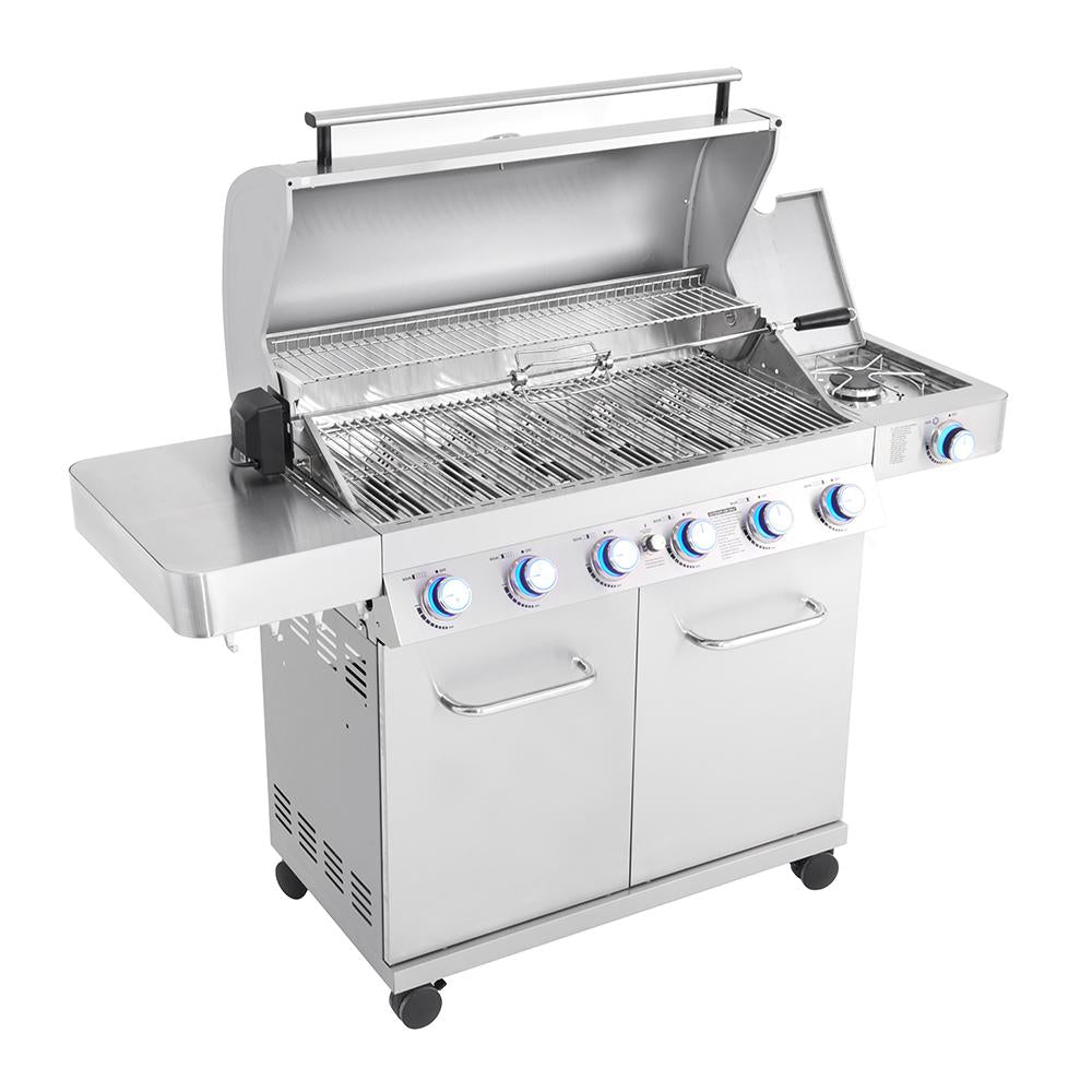 6 Burner Propane Gas Grill in Stainless with LED Controls, Rotisserie Kit and Side Burner EJ751