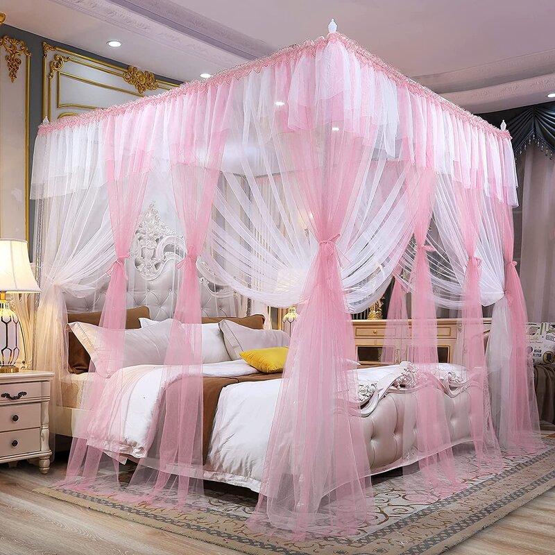 4 Corners Post Canopy Bed Curtains For Adults - Pink & White Cozy Drape Netting - Cute Princess Style Bedroom Decoration Accessories (86" W X 78" L, King)