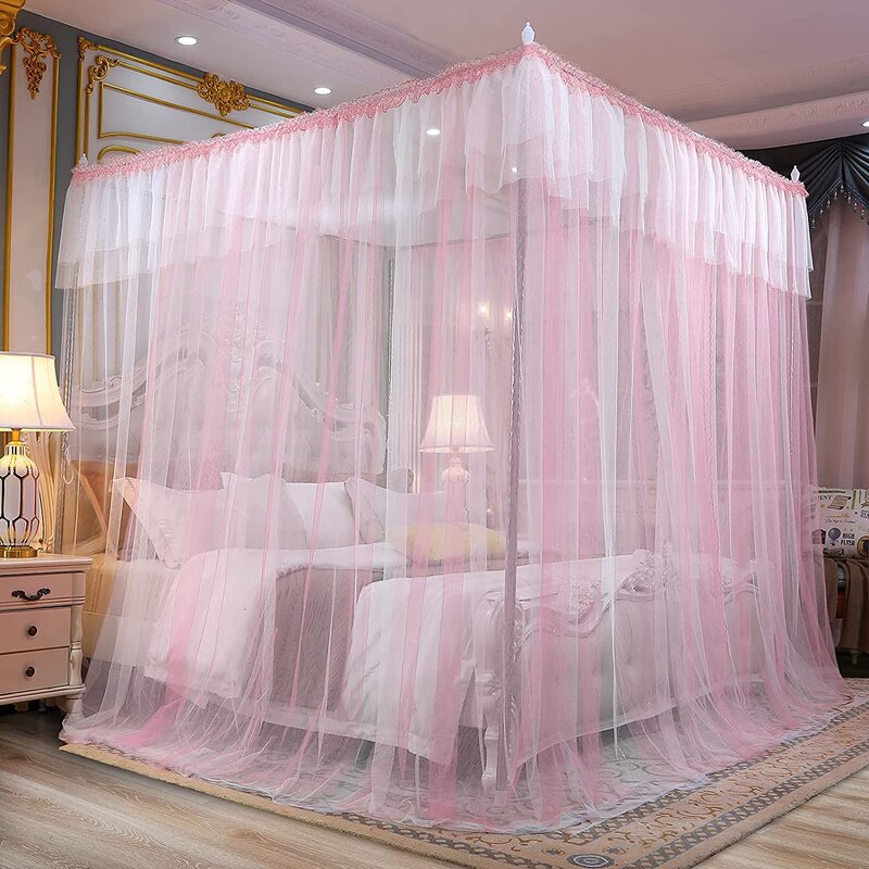 4 Corners Post Canopy Bed Curtains For Adults - Pink & White Cozy Drape Netting - Cute Princess Style Bedroom Decoration Accessories (86" W X 78" L, King)