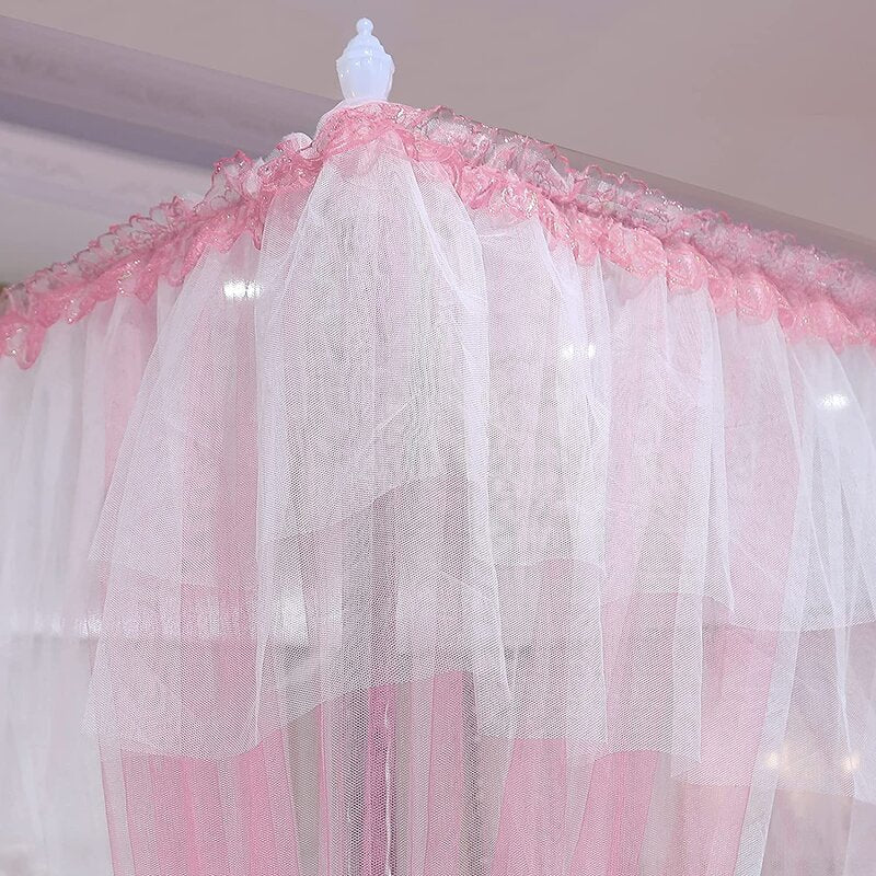 4 Corners Post Canopy Bed Curtains For Adults - Pink & White Cozy Drape Netting - Cute Princess Style Bedroom Decoration Accessories (86" W X 78" L, King)