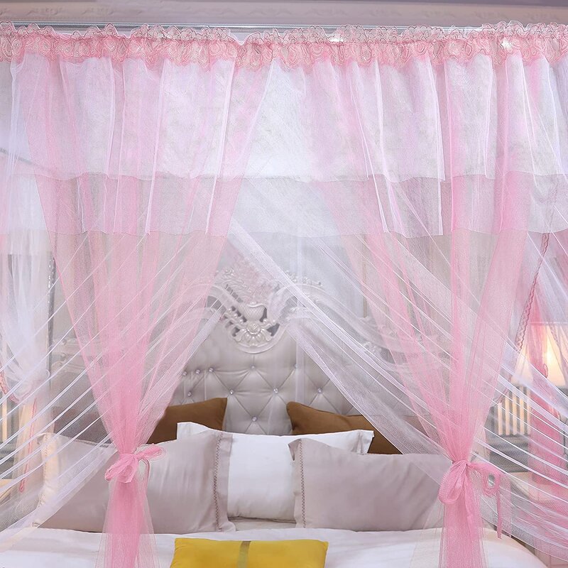 4 Corners Post Canopy Bed Curtains For Adults - Pink & White Cozy Drape Netting - Cute Princess Style Bedroom Decoration Accessories (86" W X 78" L, King)
