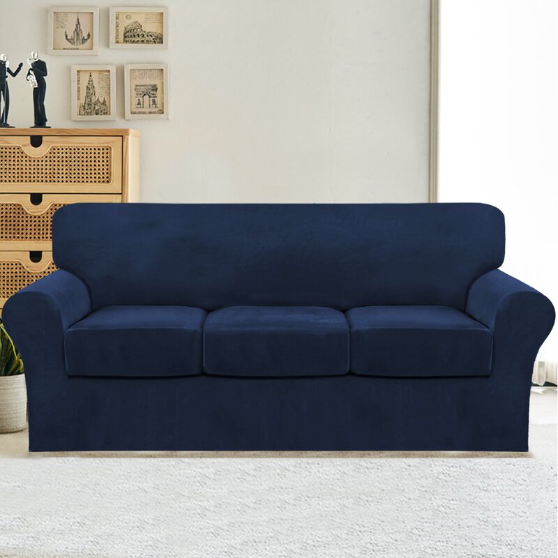 4 Piece Modern Velvet Plush High Stretch Strap Cover for 3 Box Cushion Sofa Slipcover B42-HS201