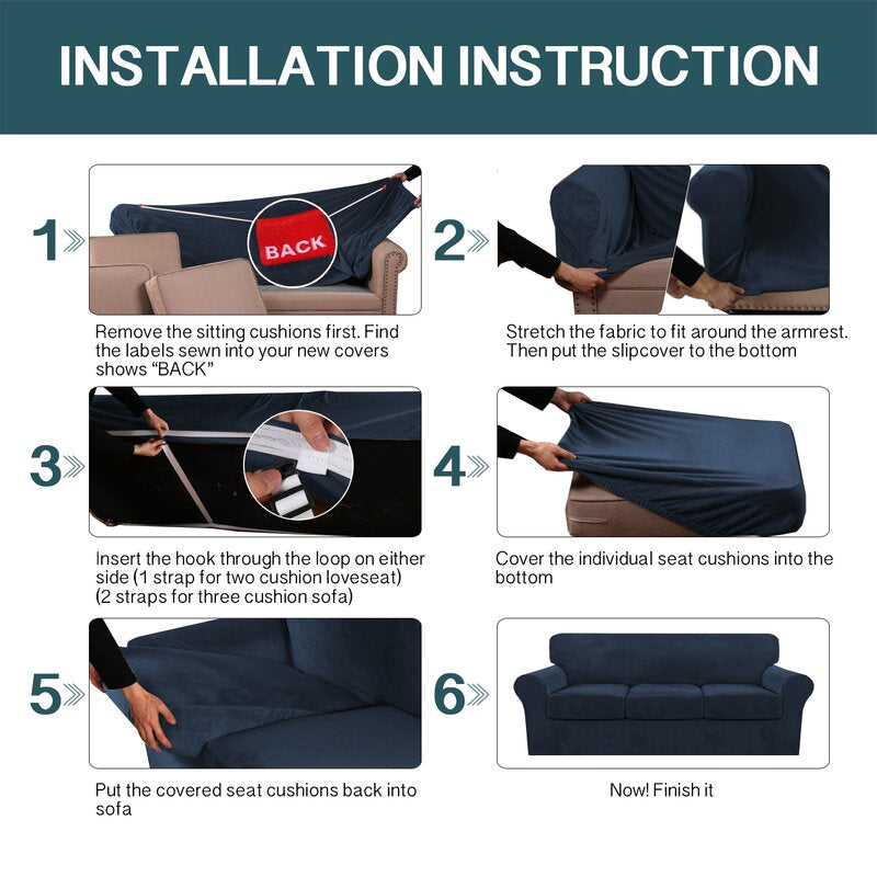 4 Piece Modern Velvet Plush High Stretch Strap Cover for 3 Box Cushion Sofa Slipcover B42-HS201