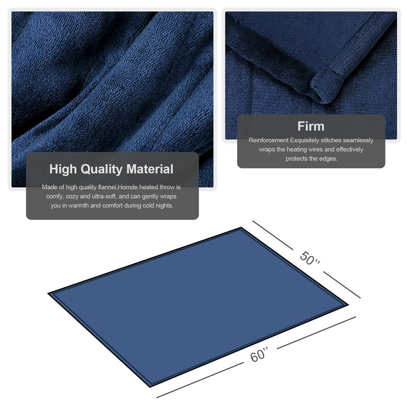 Blue 50" x 60" Washable Blanket with 3-Heat Setting Auto-Off Controller Heated Electric Throw HAB245