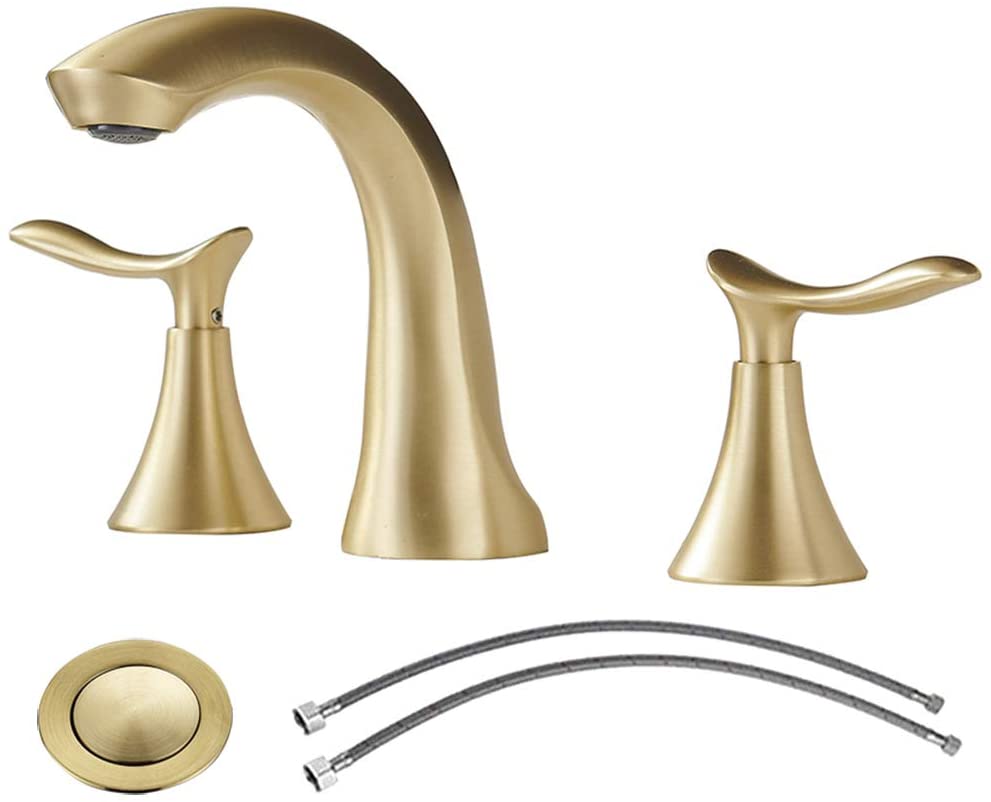 Comllen 2 Handle 3 Hole Widespread Brushed Gold Bathroom Faucet, 8 Inch Brass Bathroom Faucets Commercial Lavatory Bathroom Sink Faucet with Pop Up Drain and Supply Lines