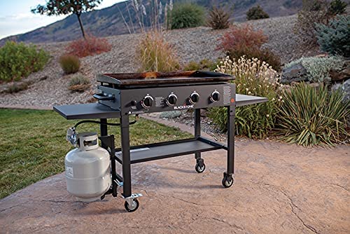 Cooking 4 Burner Flat Top Gas Grill Propane Fuelled Restaurant Grade Professional 36” Outdoor Griddle Station with Side Shelf, 36 Inch, Black