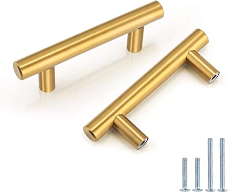 25 Pack Gold Cabinet Handles 2 1/2 inch 64mm Hole Centers Cabinet Pulls Brass Drawer Pulls and Knobs Stainless Steel Furniture Hardware Golden Cabinet Pull 4 inch 100mm Length