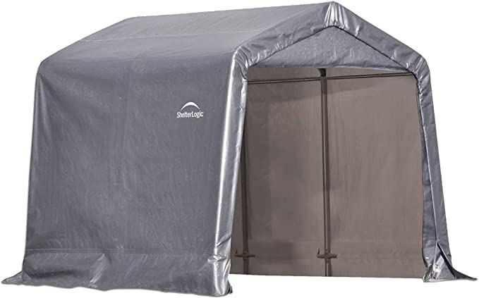8' x 8' Shed-in-a-Box All Season Steel Metal Frame Peak Roof Outdoor Storage Shed with Waterproof Cover and Heavy Duty Reusable Auger Anchors, Grey