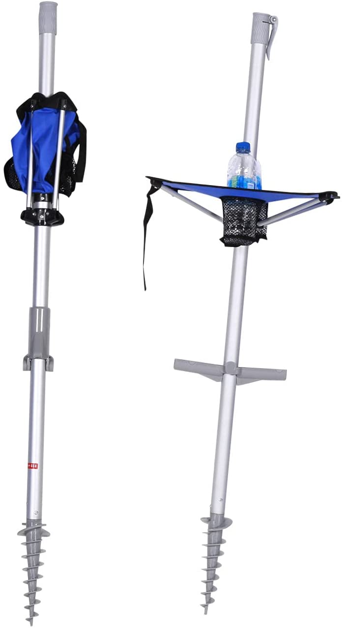 7 ft Fiberglass Beach Umbrella for Sand with Integrated Anchor, Integrated Folding Table, Telescopic Aluminum Pole, UPF 50+, Tilt
