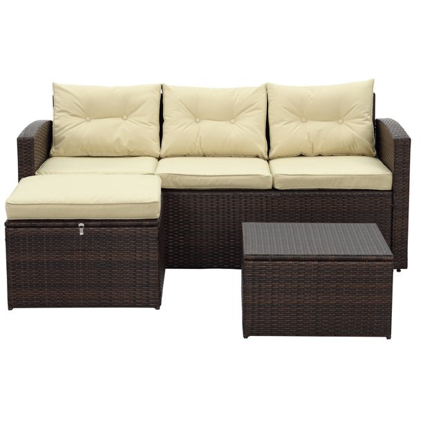 3 Piece Steel Framed Wicker Outdoor Conversation Set - Beige