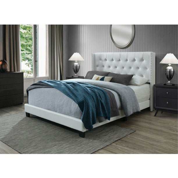 Bardy Diamond Tufted Upholstered Wingback Headboard with Nailhead Trim Panel Bed Frame, Queen Size in White Faux Leather