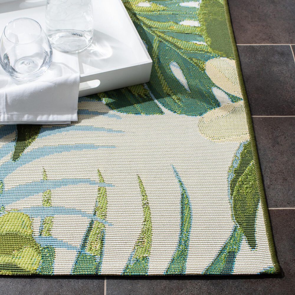 Barbados Tropical Floral 2'8" x 8' Green and Pink Indoor/Outdoor Runner