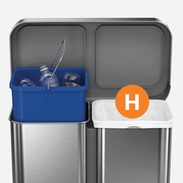 58 Liter / 15.3219 gal Stainless Steel Rectangular Kitchen Step Can Dual Compartment Recycler, Brushed Stainless Steel