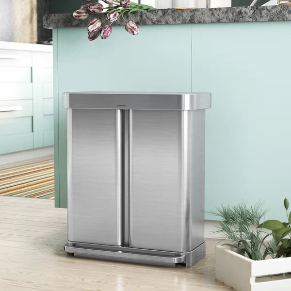 58 Liter / 15.3219 gal Stainless Steel Rectangular Kitchen Step Can Dual Compartment Recycler, Brushed Stainless Steel