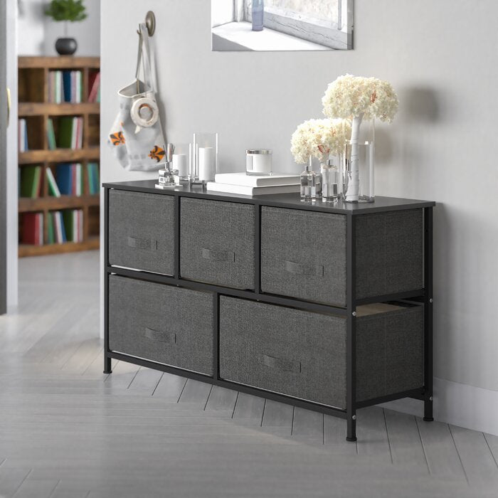 5 Drawer Wood Top Cast Iron Frame Storage Dresser with Easy Pull Fabric Drawers