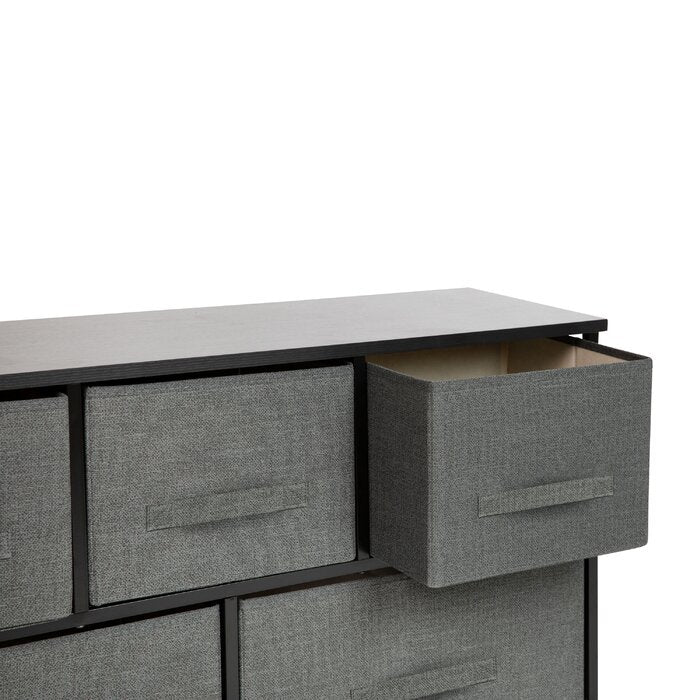5 Drawer Wood Top Cast Iron Frame Storage Dresser with Easy Pull Fabric Drawers