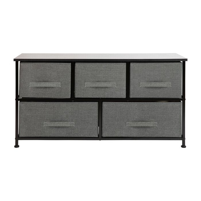 5 Drawer Wood Top Cast Iron Frame Storage Dresser with Easy Pull Fabric Drawers