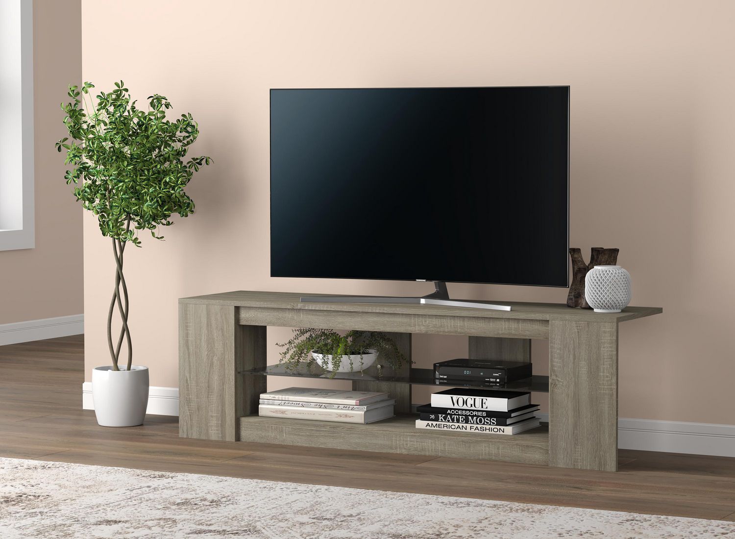 55" TV Stand with 2 Shelves and Tempered Glass, Dark Taupe (#K2253)