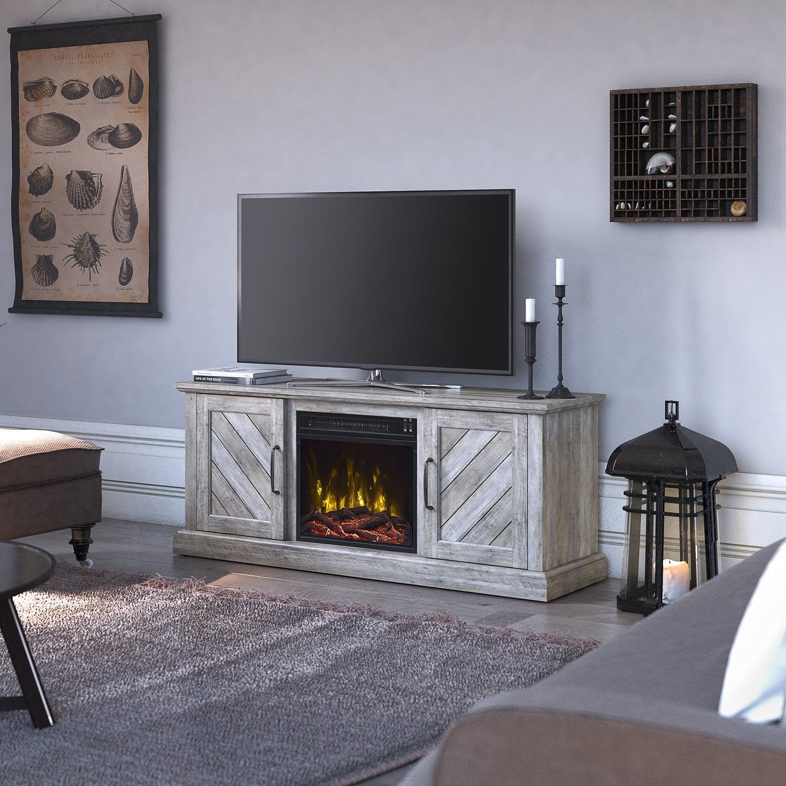 Belcrest TV Stand for TV's up to 60" with Electric Fireplace, Valley Pine (#K3676)