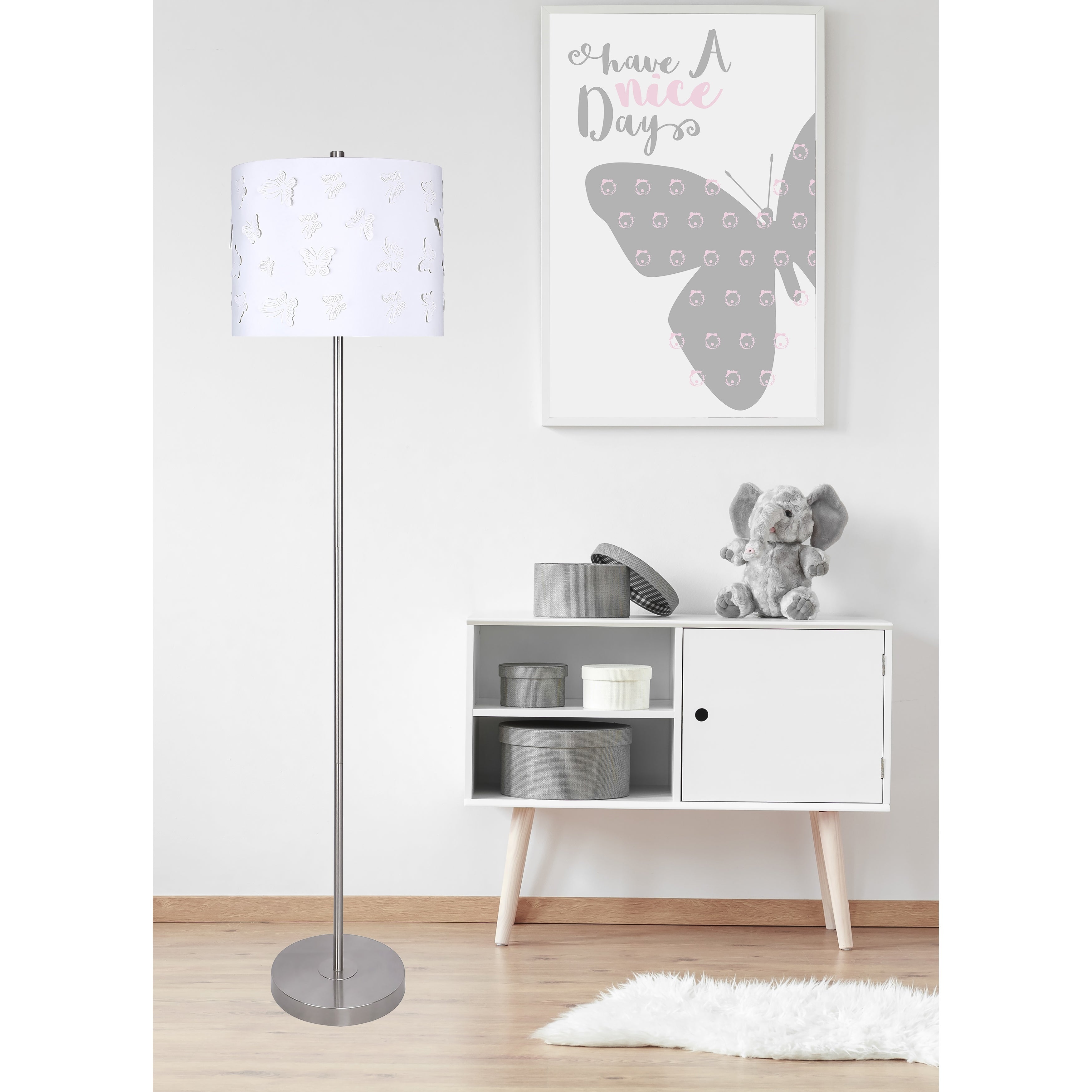 60-inch Slim-bodied Contemporary Metal Floor Lamp with Fancy Shade - Brushed Nickel w/ White Butterfly Shade, MG328