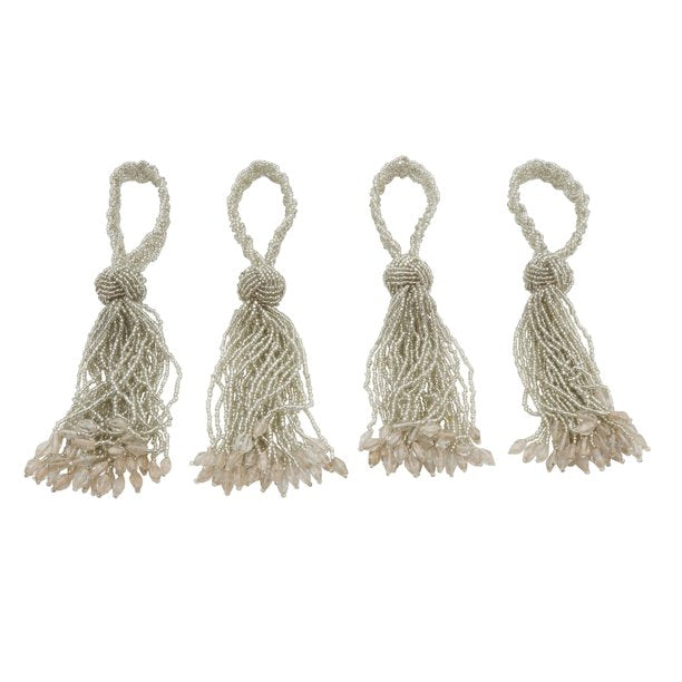 Beaded Drop Tassel Napkin Ring Silver - Set of 4