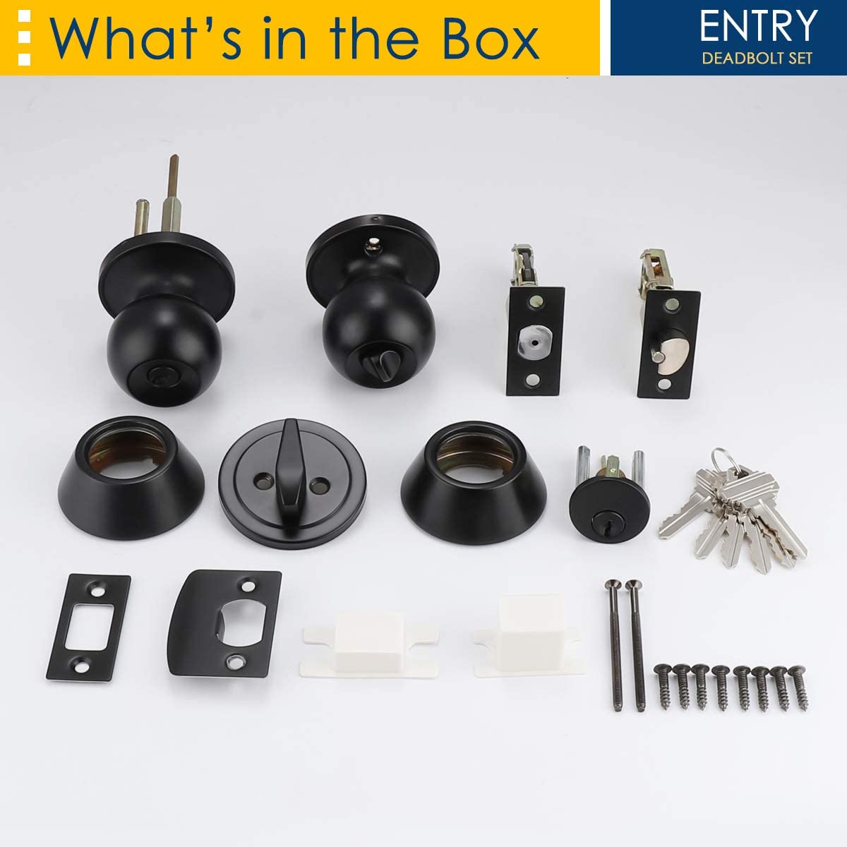 2 Pack Entry Door Knob and Single Cylinder Deadbolt Combination Set, Keyed Alike, Flat Black Entry Entrance Keyed Round Door Knobs Lockset with Deadbolt Lock Set for Exterior/Front Door