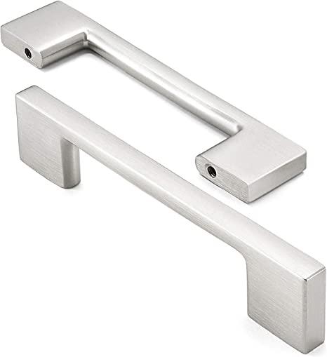 10 Pack Solid Kitchen Cabinet Pulls Handles (3-5/8" Hole Centers) - Modern Thin Profile Drawer/Door Hardware - Satin Nickel