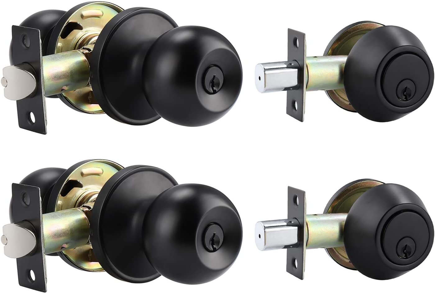 2 Pack Entry Door Knob and Single Cylinder Deadbolt Combination Set, Keyed Alike, Flat Black Entry Entrance Keyed Round Door Knobs Lockset with Deadbolt Lock Set for Exterior/Front Door