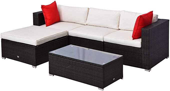 2 Piece Outdoor Patio PE Rattan Wicker Sofa Conversation Ottoman and Table