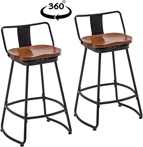 Bar Stools Industrial Metal bar Stools Counter Height Stools Dining Chair Set of 2 (Low Back Swivel Black with Wood U4-M, 30")