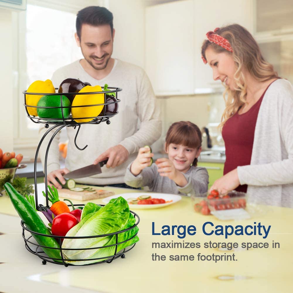 Auledio 2-Tier Countertop Fruit Vegetables Basket Bowl Storage With Banana Hanger, Black HAB285
