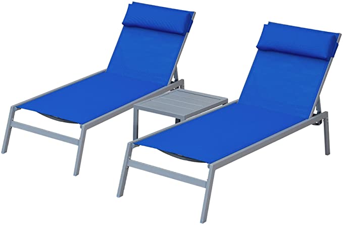 3 Pieces Adjustable Chaise Lounge Set Outdoor Patio Lounge Chair All Weather Five-Position Recliner Chair Set w/Coffee Table for Patio, Pool, Yard (Blue)