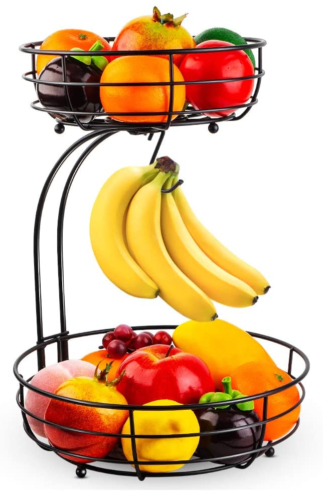 Auledio 2-Tier Countertop Fruit Vegetables Basket Bowl Storage With Banana Hanger, Black HAB285