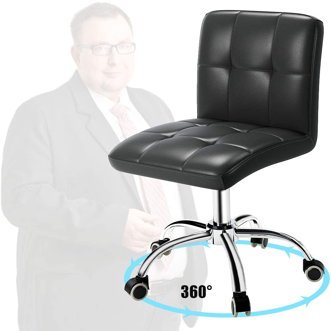 360° Office Desk Chair,PU Adjustable Rolling Task Chair with Backrest for Barber,Office,Home, Computer,360° Swivel,Armless,Black KB2609-A4-B3-P2
