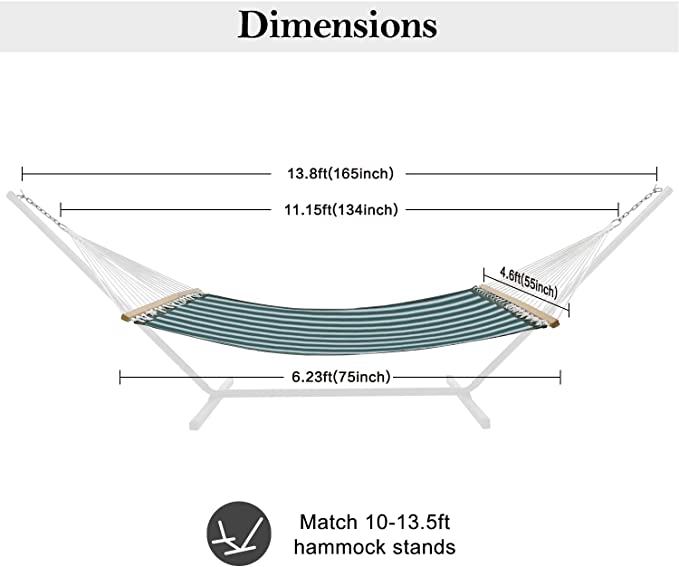 14 FT Quick Dry Hammock with Double Size Solid Wood Spreader Bar Outdoor Patio Yard Poolside Beach Hammock with Chains, Waterproof and UV Resistance, 2 Person 450 Pound Capacity